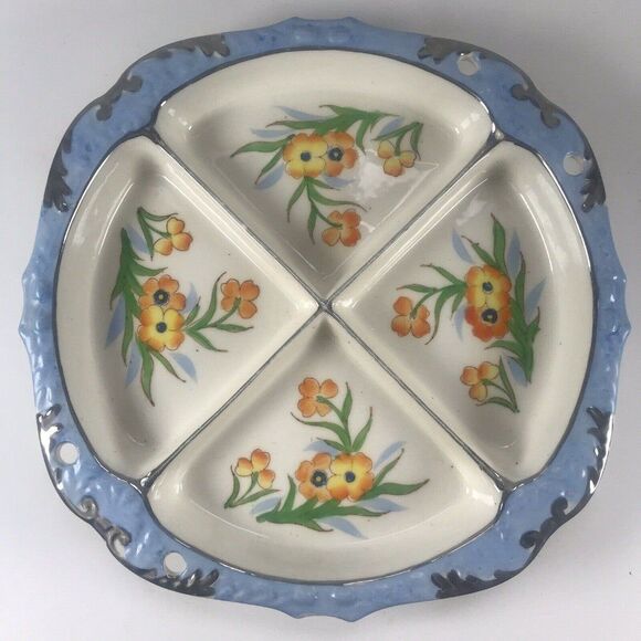 Moriyama Hand Painted 4 Section Divided Serving Bowl Dish Japan Poppies Floral - Picture 2 of 11